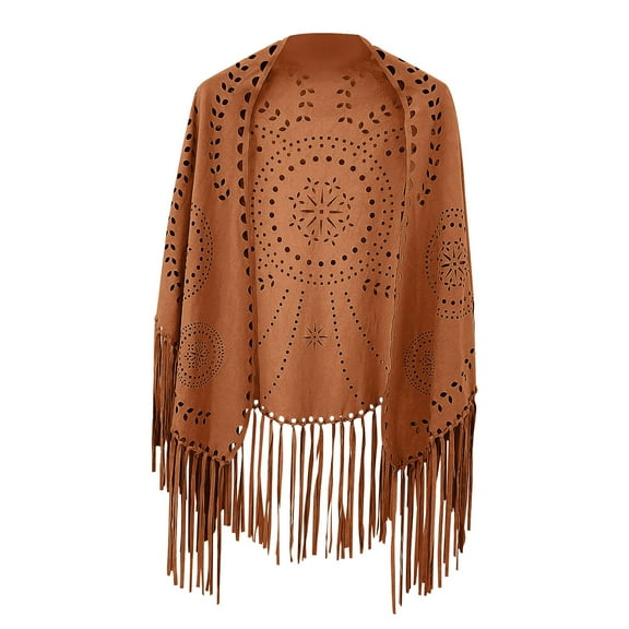 Alkepwun Capes for Women Solid Color Medieval Suede Hollow Laser Cut Triangle Shawl Renaissance Open Front Long Fringe Shawl Soft Comfortable Western Style Hoodless Cape Cloak
