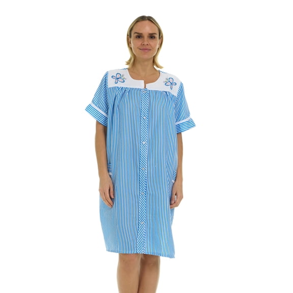 JEFFRICO House Dresses for Women with Pockets - Lightweight Breathable Short Sleeve Muumuu & Nightgowns - Snap Front Housecoat and Dusters for Women