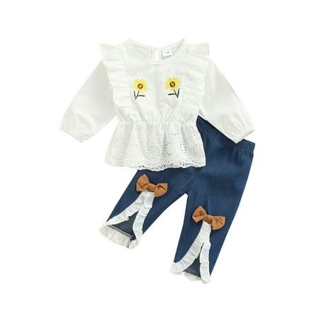 

Gureui Toddler Baby Girls Clothing Set Newborn Infant Floral Print Flying Sleeve Tops and Elastic Bows Denim Trousers