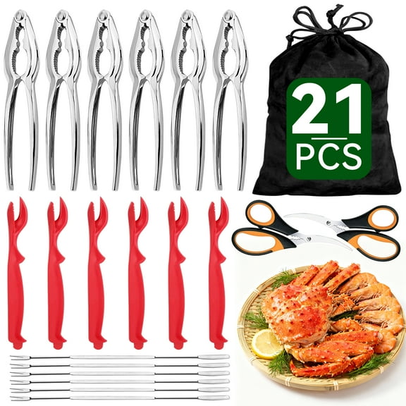 Kosbon 21-pieces Seafood Tools Set Includes 6 Sharp Crab Crackers, 6 Lobster Shellers, 6 Crab Leg Forks/Picks and 2 Safe Seafood Scissors & Storage Bag