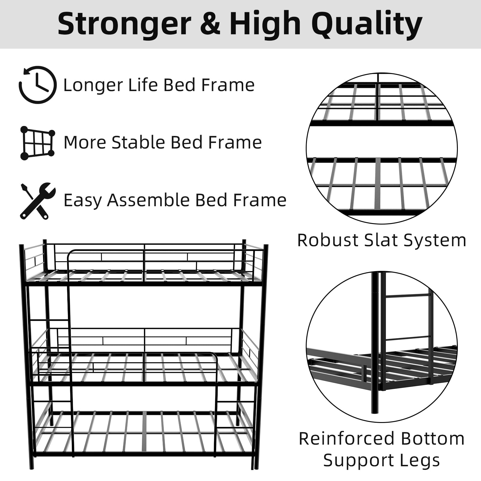 Alvantor Triple Bunk Bed for Kids Teens, Metal Twin Over Twin Over Twin Bed Framewith Ladders and Safety Guardrails Black