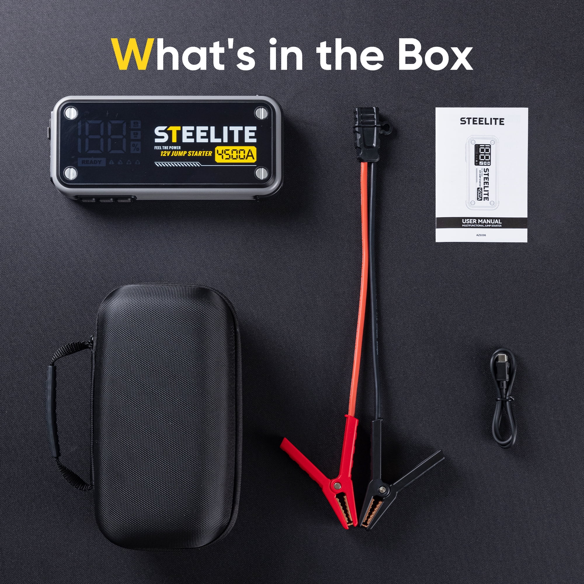 Steelite 4500A Car Jump Starter,  20000mAh Car Battery Jump Starter (10L Gas/10L Diesel), 12V Jump Box,Portable Jump Starter Power Bank with USB Quick Charge and Type C Port