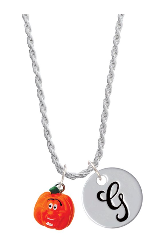 Resin Funny Ahh! Pumpkin Silvertone Script Initial Disc - G - Charm Necklace, 20"+3"