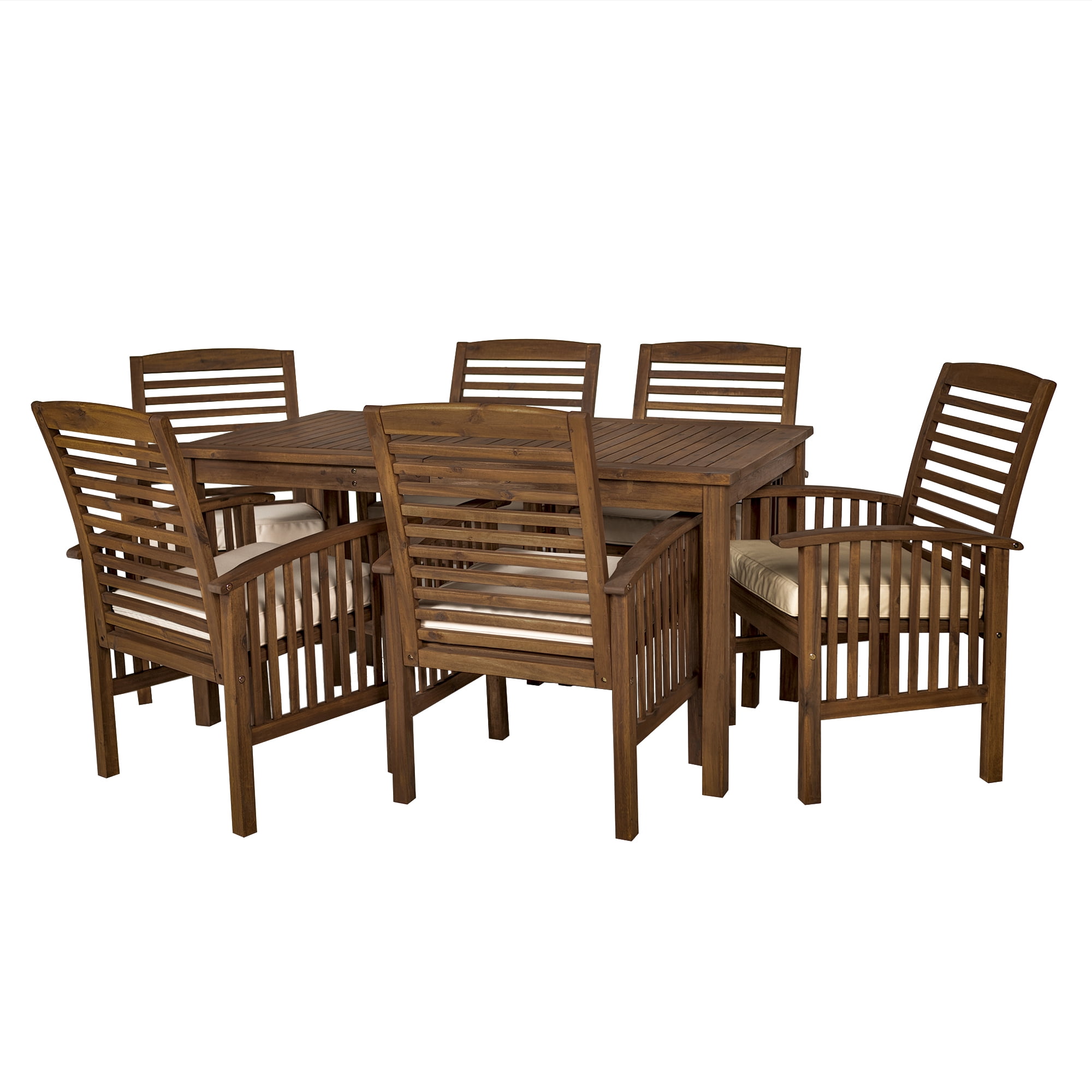 Modern 7-Piece Solid Acacia Wood Outdoor Dining Set with Cushions - Dark Brown