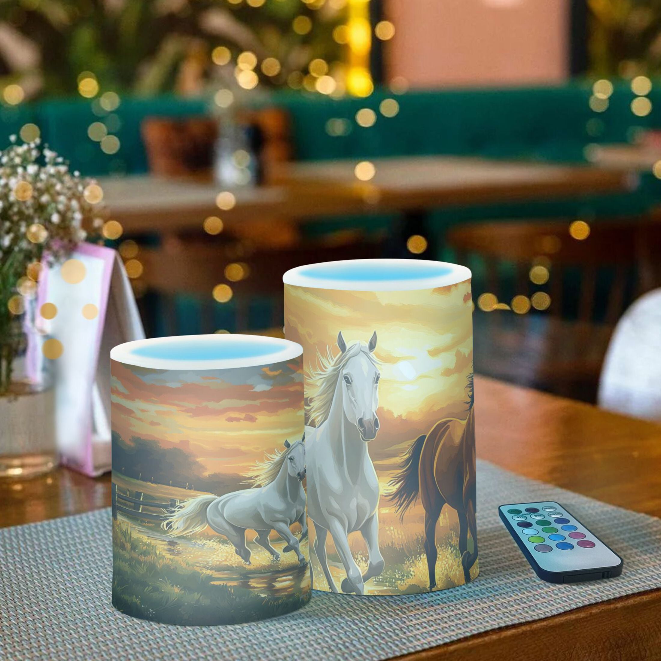 Running Horse Sunset Flickering Flameless Candles Battery Operated with Remote Timer LED Pillar Candles Set of 2