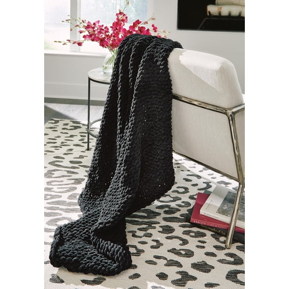 Signature Design by Ashley Chaddon Throw Blanket, Hand-Knitted Chenille Polyester, Black