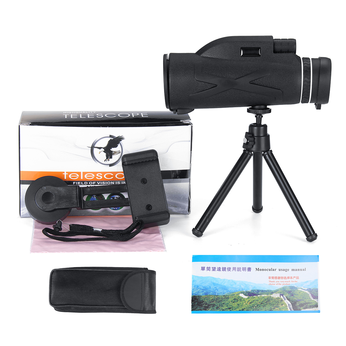 Camp Wildlife Scenery Monocular Telescope 80X100 HD Night Vision Monocular Eyepiece Telescope Waterproof with Phone Tripod /& Mount Adapter /& BAK4 Prism FMC for Target Shooting Hiking Concert
