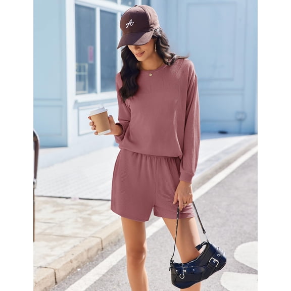 Ekouaer 2 Pieces Lounge Set for Women Long Sleeve Pajamas Top and Shorts Matching Sets Outfits with Pockets