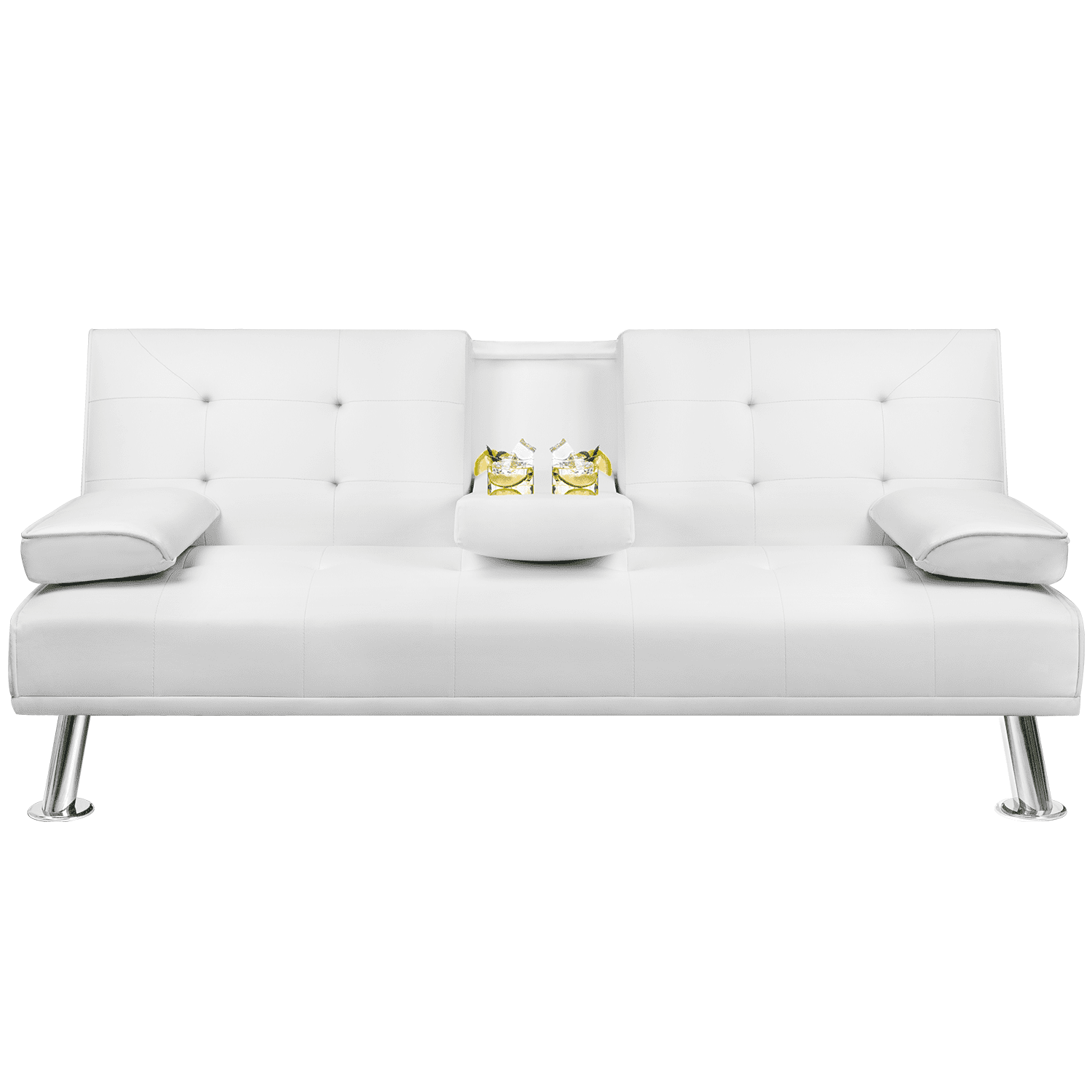 Lacoo Modern Faux Leather Convertible Futon with Cup Holders & Pillows, 65" White