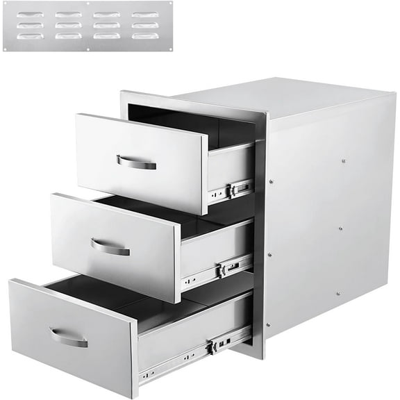 3-Tier Stainless Steel Drawer,Oudoor Kitchen Drawers,Triple Storage Drawers with Ventilation Panel,Flush Mount Drawers with Handle, BBQ Island Drawers for Outdoor Kitchens Grill Station