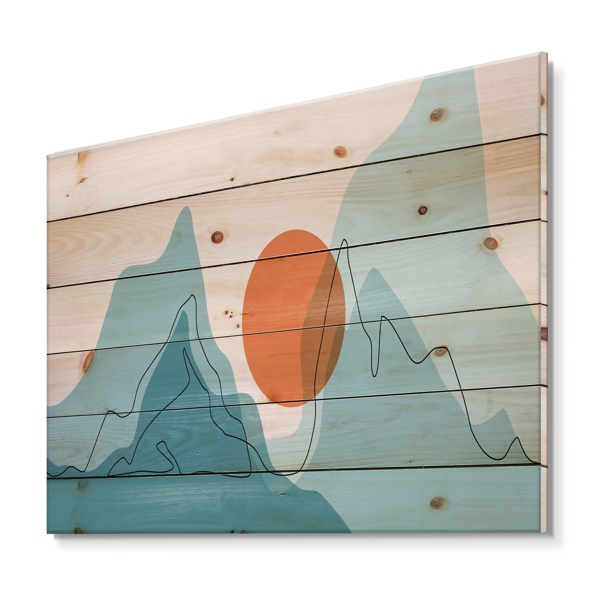 Designart 'Abstract Blue Mountains With Red Moon I' Modern Print on Natural Pine Wood