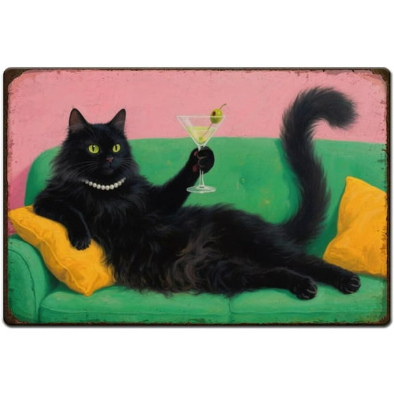 Cat on the Sofa Metal Tin Sign Retro Cocktail Cat Metal Poster Wall Art Plaque Decor Rectangle Signs for Living Room Bars Restaurants Cafe Pubs Home Wall Art