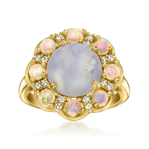 Ross-Simons Blue Agate Ring With Opal and .10 ct. t.w. White Topaz in 18kt Gold Over Sterling, Women's, Adult