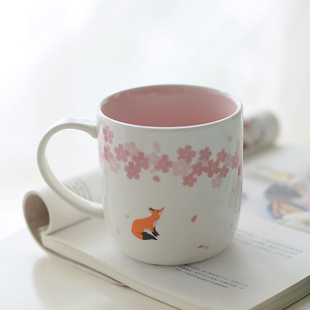 Taza de café de zorro de cerámica con flor de cerezo rosa elegante, regalo para amigo, maestro, primo Sincero Hogar