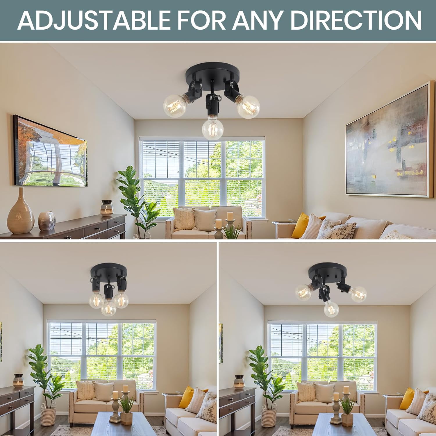 3-Light Flush Mount Ceiling Spotlight，Multi-Directional Track Lighting Fixtures Ceiling with Open No Shade Design, Black Kitchen Light for Island, Sink,Dining Room, Hallway (E26, Bulb Not Included)