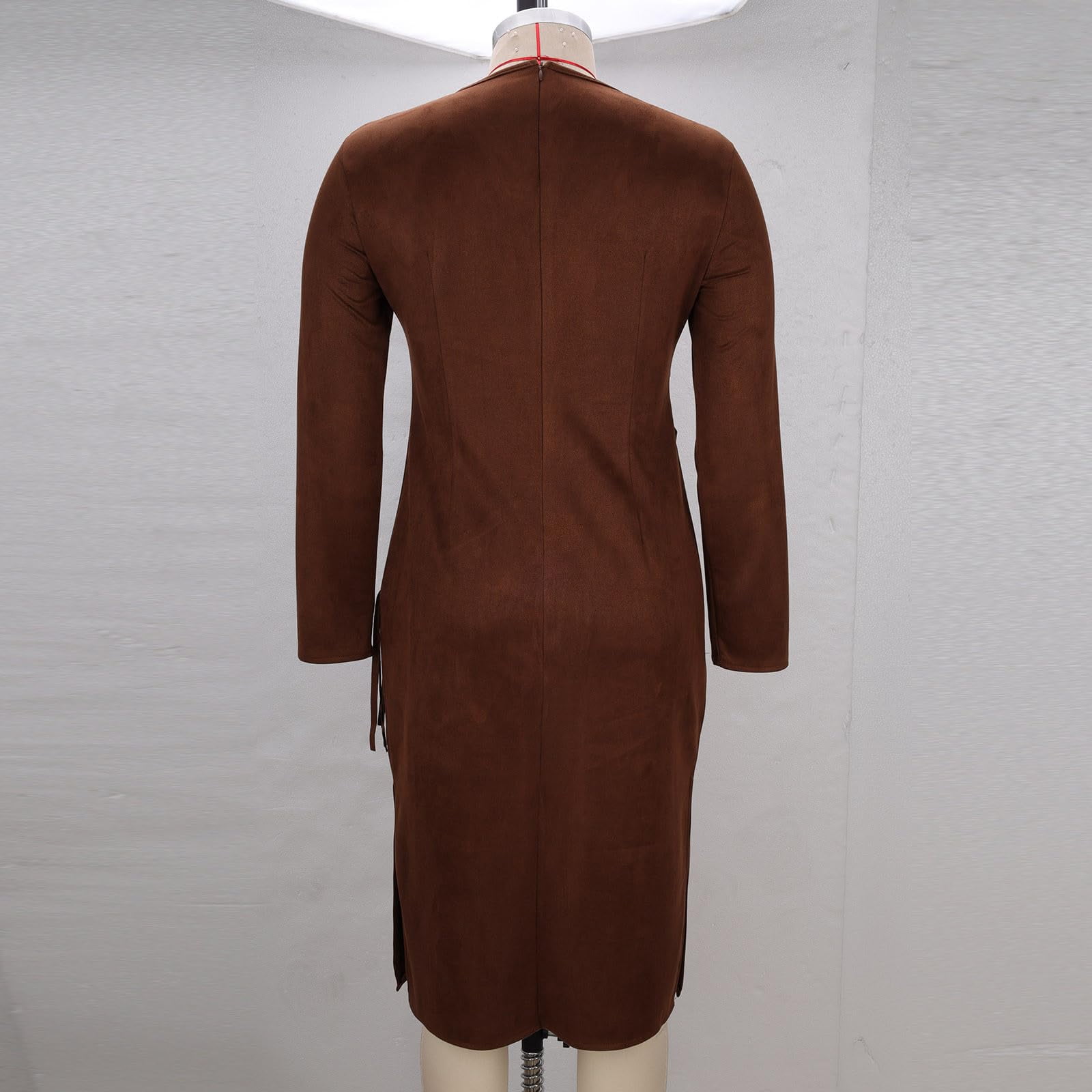 Womens Western Fringe Midi - Long Sleeve Faux Suede Boho Cowgirl Side Split Bodycon Dress with Asymmetrical Tassel Waist