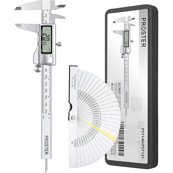Proster Digital Vernier Caliper 6inch 150mm - Electronic Caliper Fraction/Inch/Metric Dial Caliper for Length Width Depth Inner Outer Diameter, with 32 Feeler Gauges