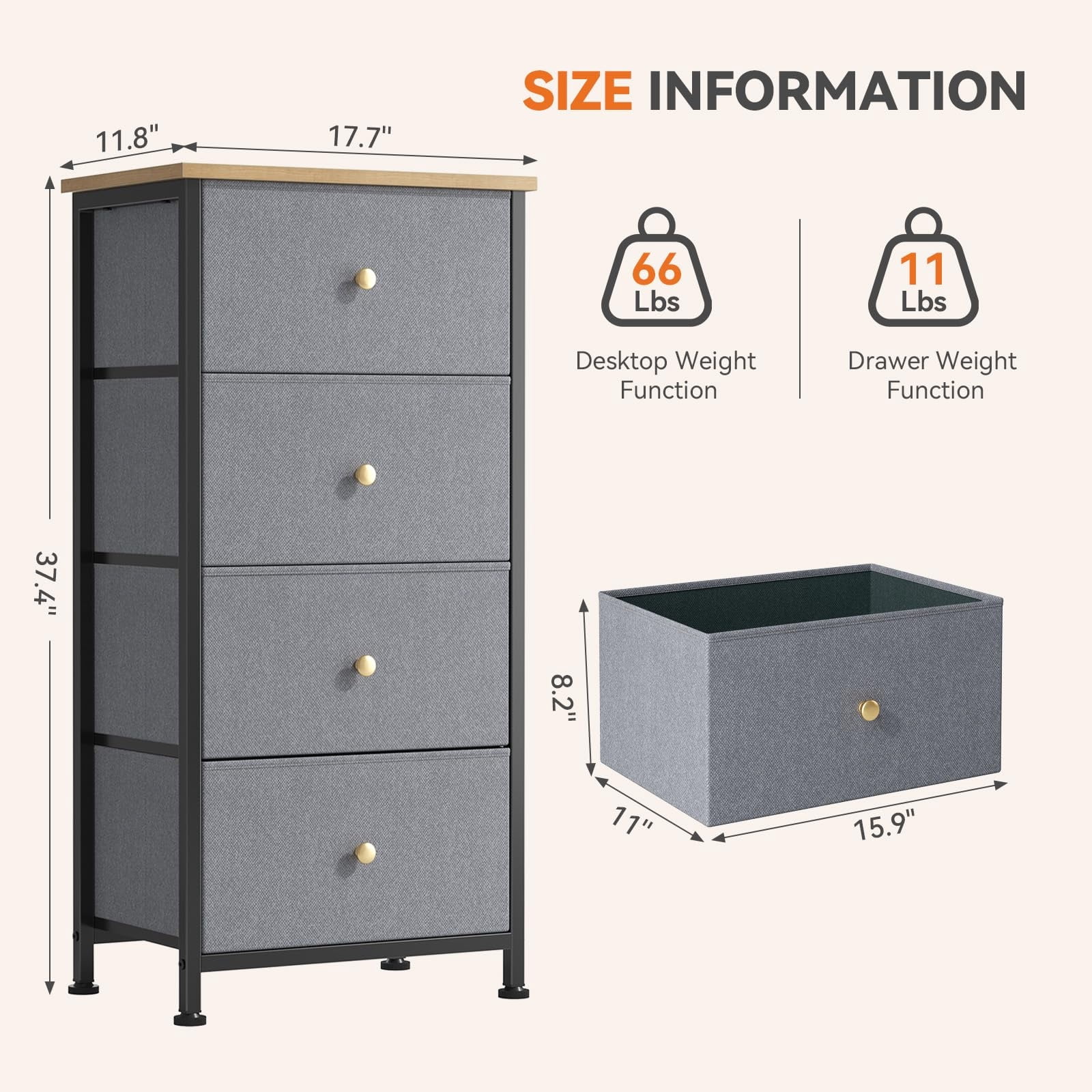 Telyra 4-Drawer Fabric Dresser 37.4" Tall Storage Tower with Wood Top and Steel Frame Narrow Organizer, Greyish Blue