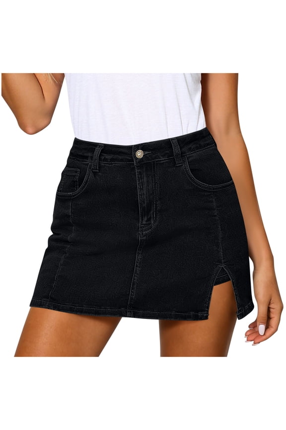 Jean Skorts for Woman High Waisted Trendy Slit Stretchy Denim Skirt with Shorts Y2K Casual Summer Skorts Skirts Black,M