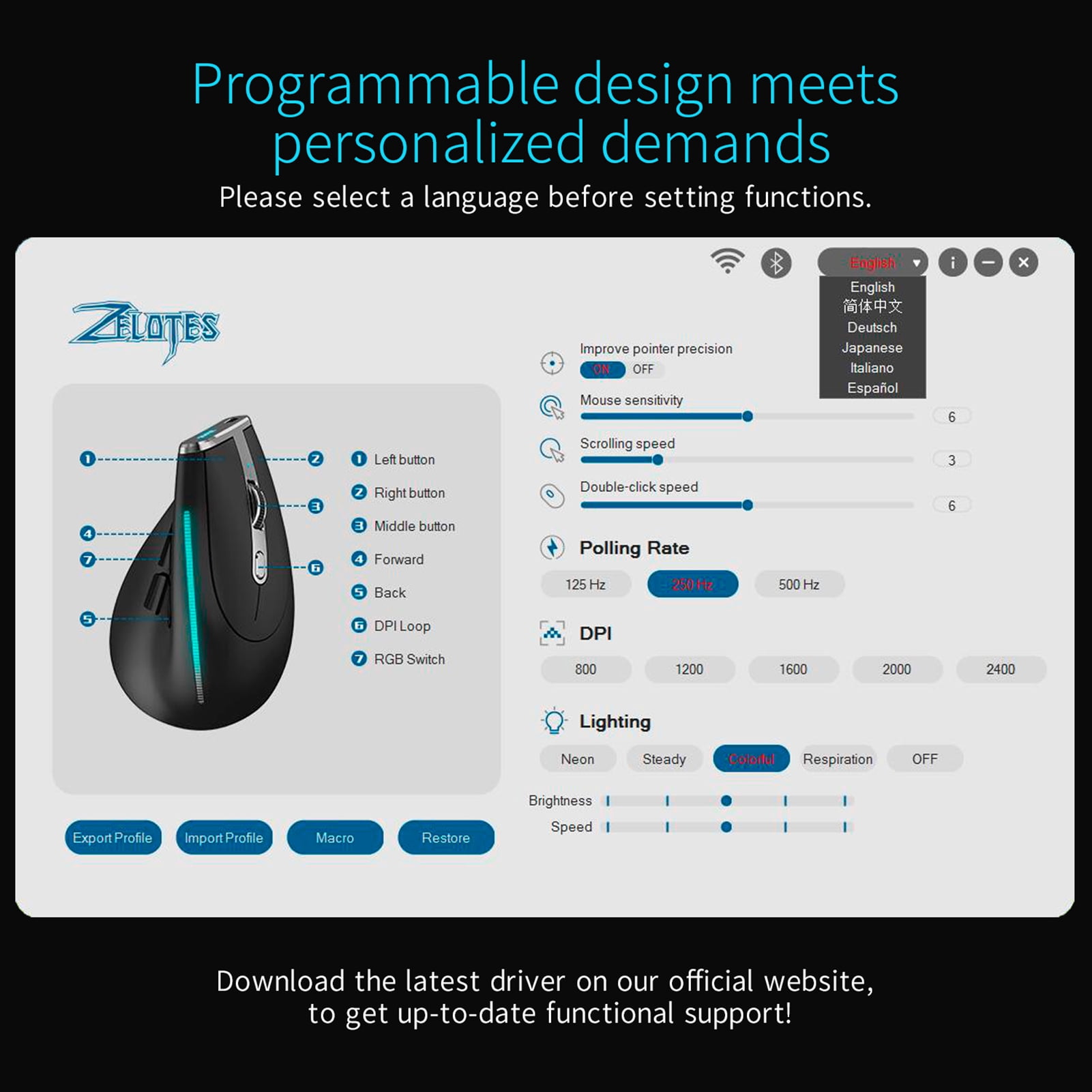 ZELOTES Wireless Gaming Mouse, Five DPI Levels, Built-in 730mAh Battery, Optical Indicator, Black