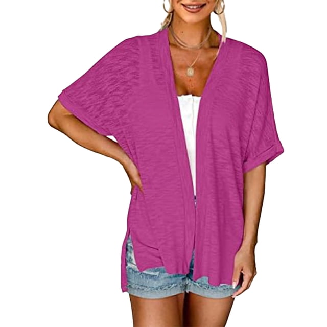 Daeful Womens Shirt Cardigan Solid Cover Up Spring Open Front Lightweight Rose Red 2XL