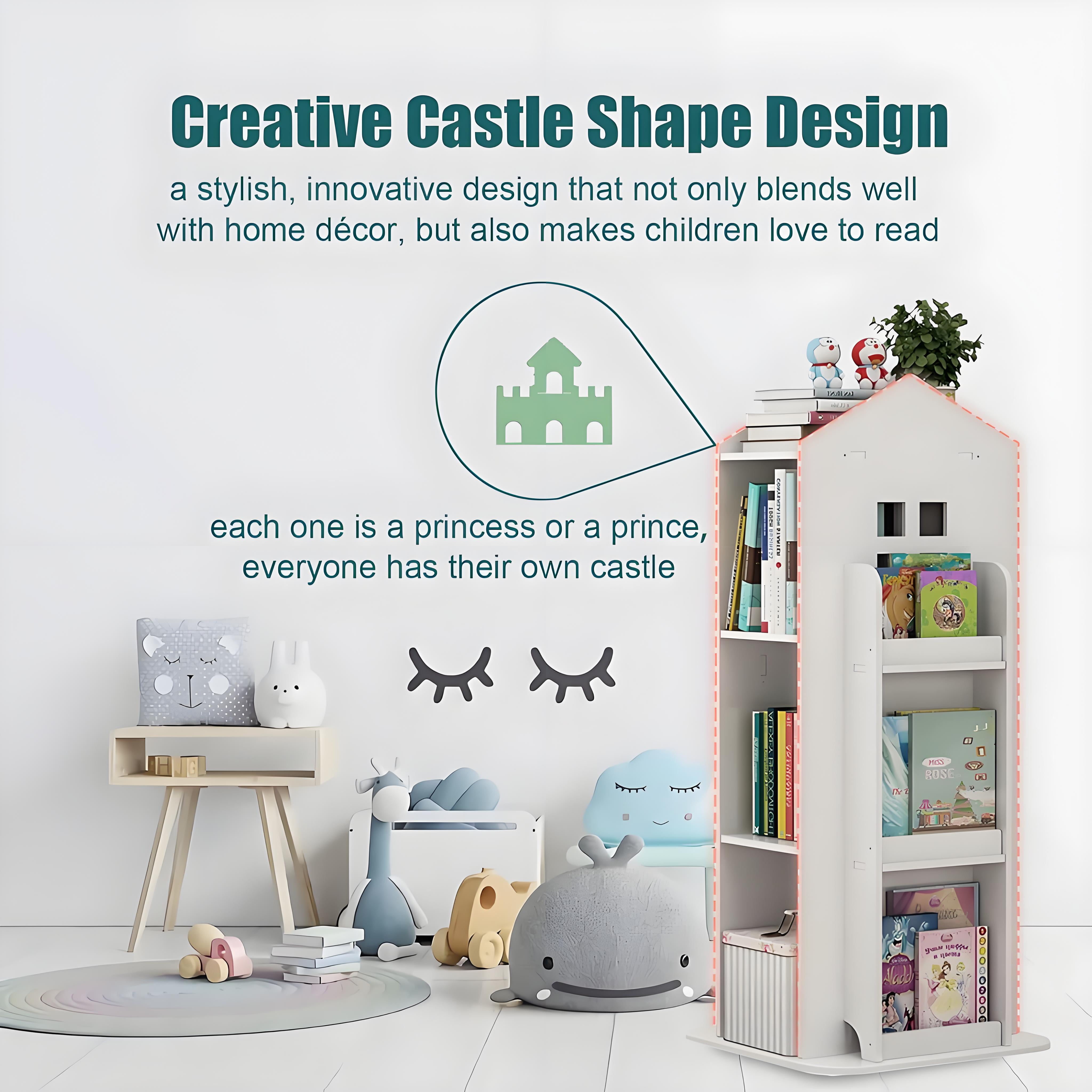 Gtouse 3 Tier Rotating Bookshelf, 360° Display Corner Bookshelf, Wooden Floor Standing Bookcase