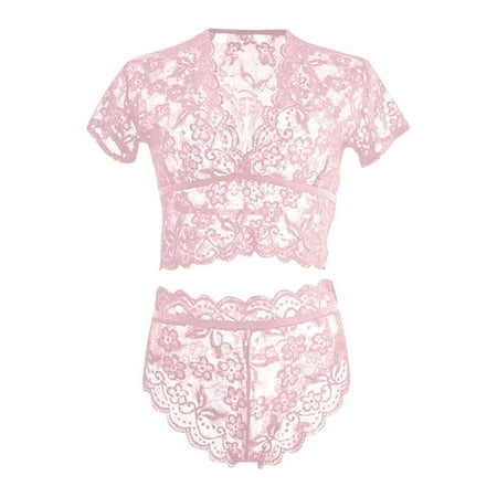 

Aayomet Lingerie for Women Sexy Sheer Floral Lace Pajamas Lingerie Set High Waist Sleepwear Bra And Panty 2 Piece Nightwear Pink L