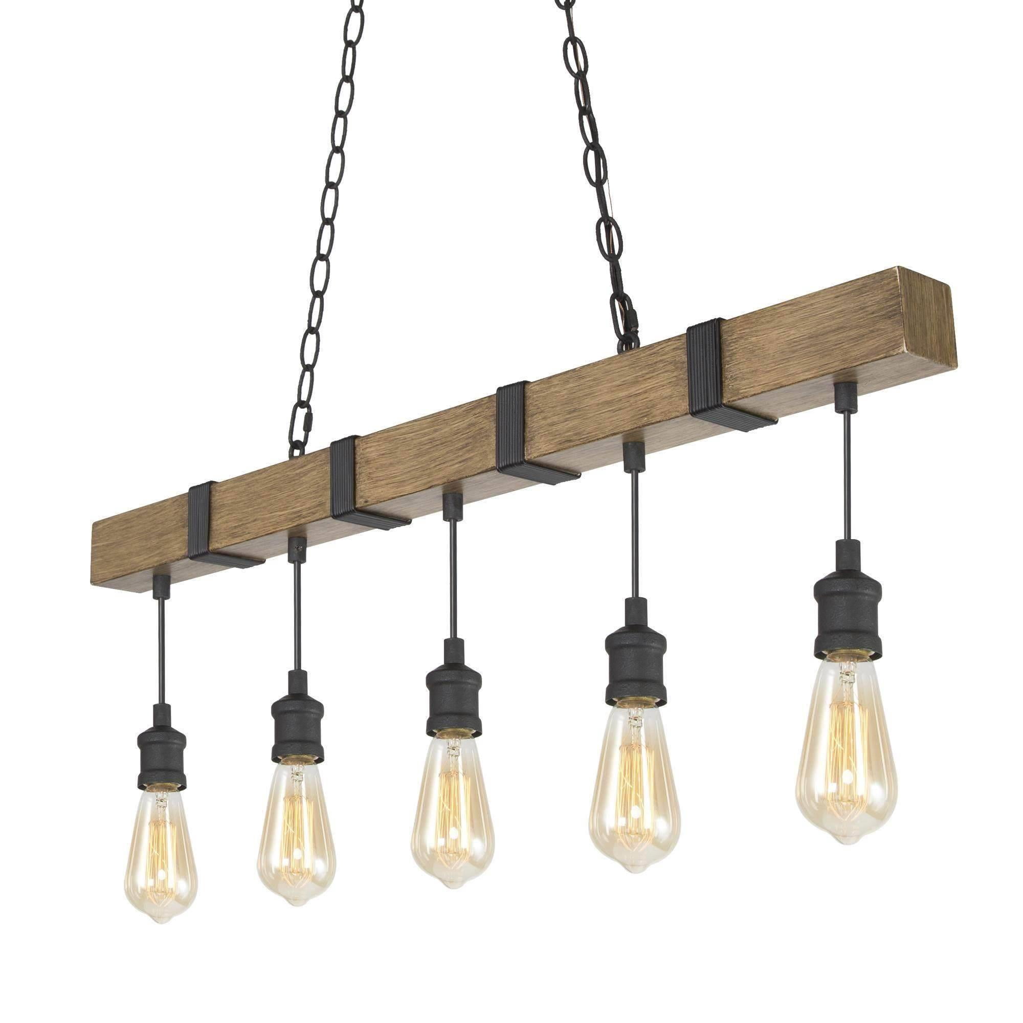 LNC 5-Light Brown Wood and Black Bare Bulb LED Linear Farmhouse Chandelier