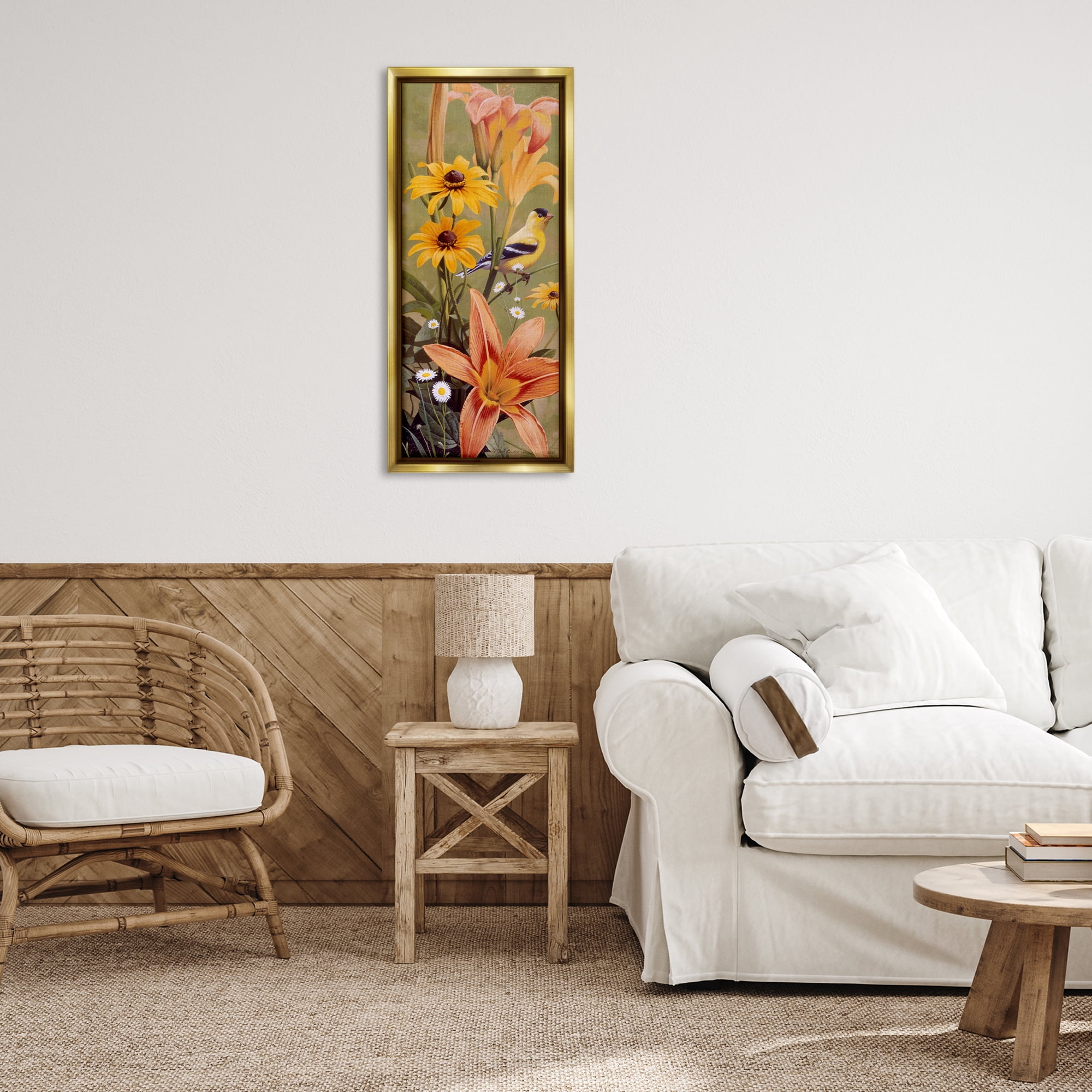 Stupell Industries Among the Flowers Bird Plants & Flowers Painting Gold Floater Framed Canvas Art Print Wall Art, 14 x 31