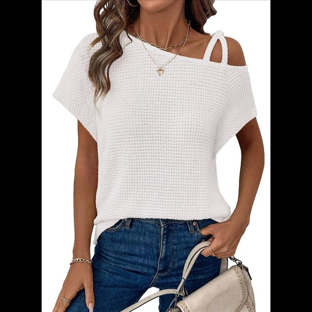 Camiseta Informal de Verano para Mujer, de Corta, con Hombros Descubiertos y Tejido Gofre, Color , Talla M