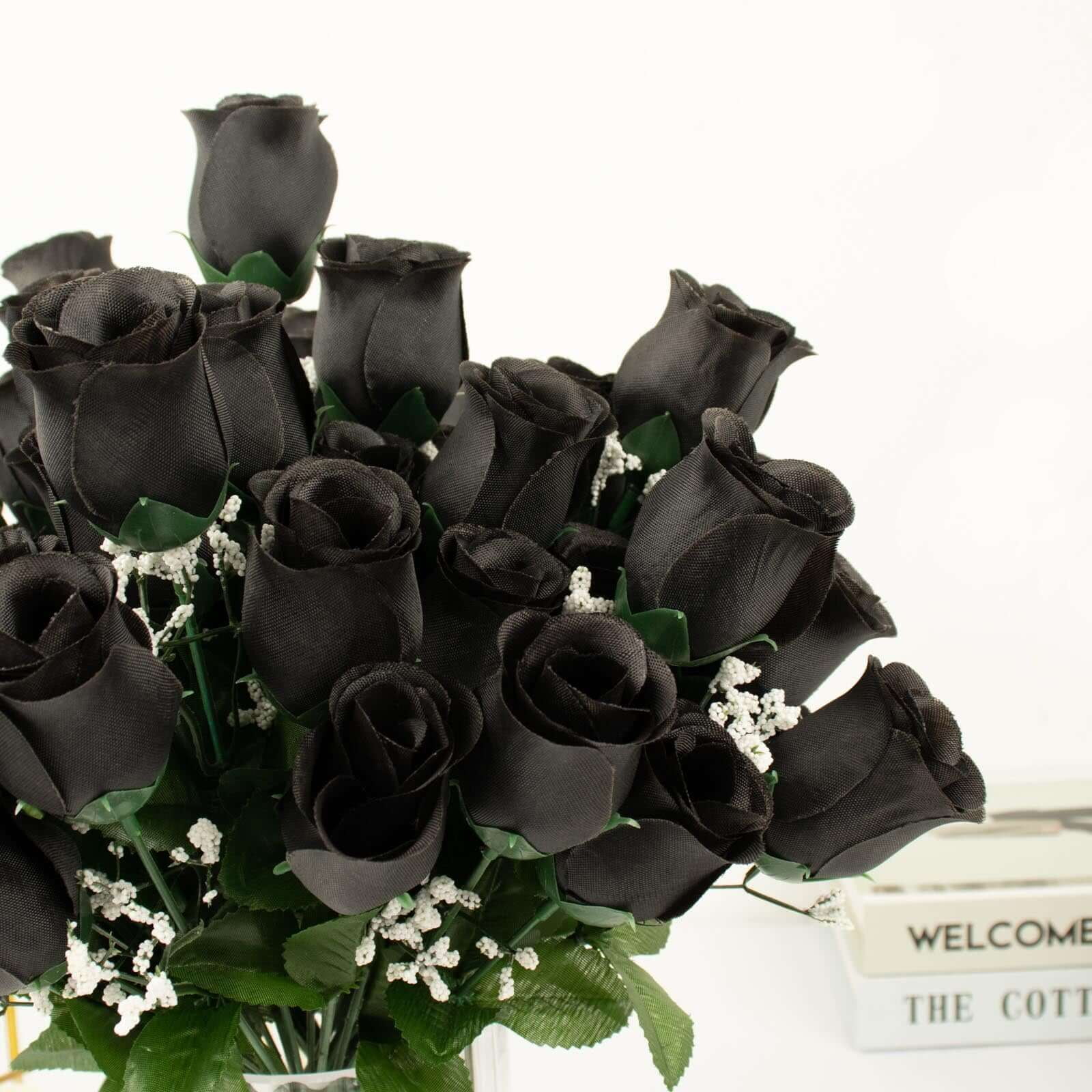 Efavormart 12 Bushes | Black Artificial Premium Silk Flower Rose Bud Bouquets
