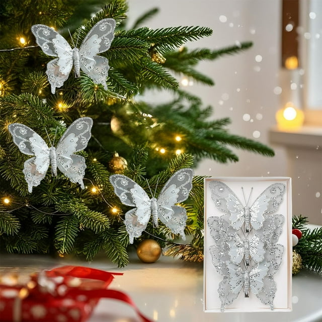 3pcs Silver Plastic Christmas Tree Hanging Ornaments - Glitter Simulation Butterflies for Holiday Decorations, 3 Count, 4.5 Inch Wingspan,Spring Style,YISHFHP,Silver
