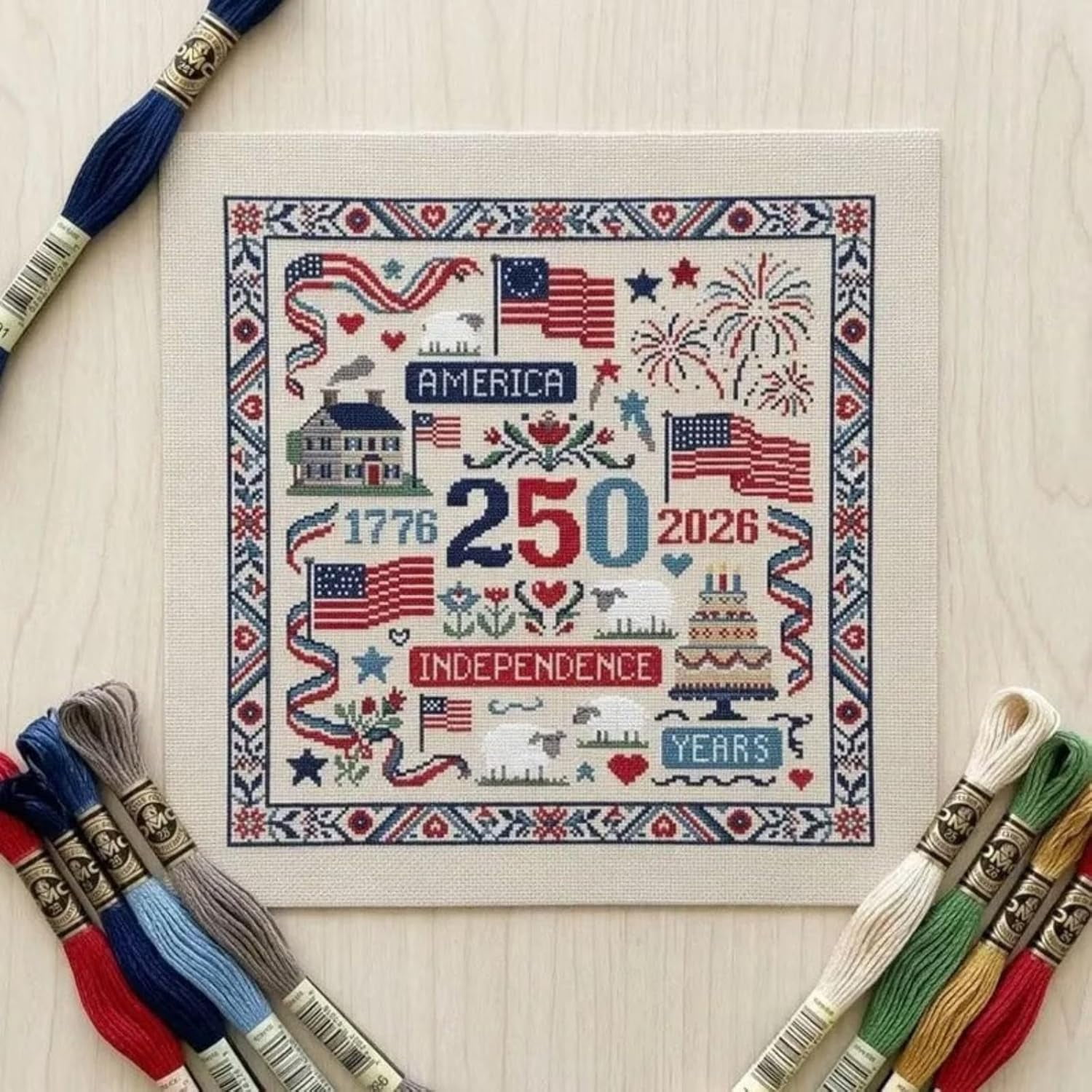 Cross Stitch Kit, USA 250th Anniversary 1776-2026 Independence Day Patriotic Pattern Set(Q)