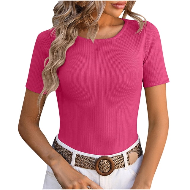 AherBiu Crop Tops for Women Crew Neck Short Sleeve Slim Ribble Knit Blouse Going out Tops for Women