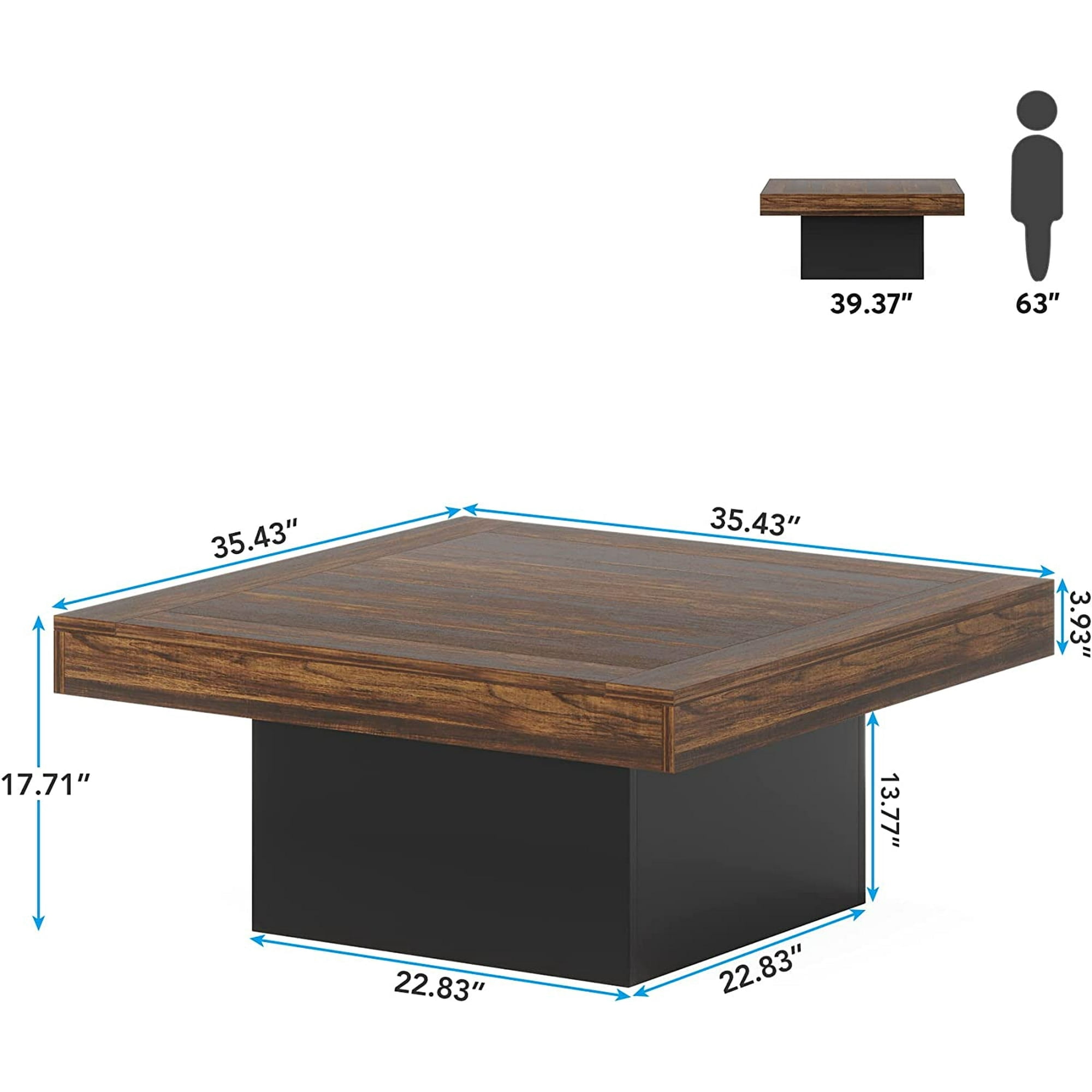 Finmind Squeare Coffee Table Modern LED Coffee Table Wood Coffee Table for Living Room Rustic Brown & Black Low Coffee Table