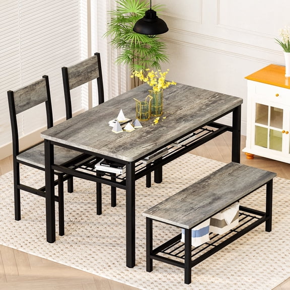 MIERES Kitchen Tables Set for 4, Rectangular Dining Room Table Set with Bench and Chairs, 4 Pieces Dining Room Table Set with Storage Rack for Small Space, Breakfast Nook and Apartment, Gray