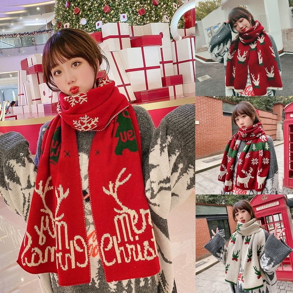 Multicolor Long Shawl Wrap Festival Neck Scarf Christmas Print Scarves Shawls Polyester Knit Scarves Winter Warm Scarf for Cold Weather One Size