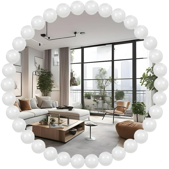White Round Wall Mirror 24'' Wood Beaded Mirror for Wall Decor Large Circle Decorative Wall Mirror White Hanging Mirror for Bathroom,Bedroom,Living Room,Nursery Room,Kids Room