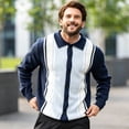 thumbnail image 2 of Smawell Men Striped Cardigan, Lapel Collar Button‑Up Knit Sweater, Vintage Vertical Stripe Long Sleeve Polo Knit Jacket For Men Daily Casual Outdoor Streetwear, 2 of 5