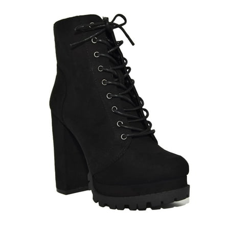 

Wild Diva Womens Lace-Up Lug Sole Chunky Block Heel Platform Combat Ankle Booties