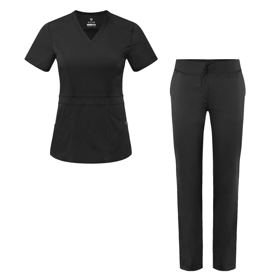Adar Pro Flawless Classic Scrub Set For Women - Tailored Peplum Scrub Top & Tailored Yoga Scrub Pants