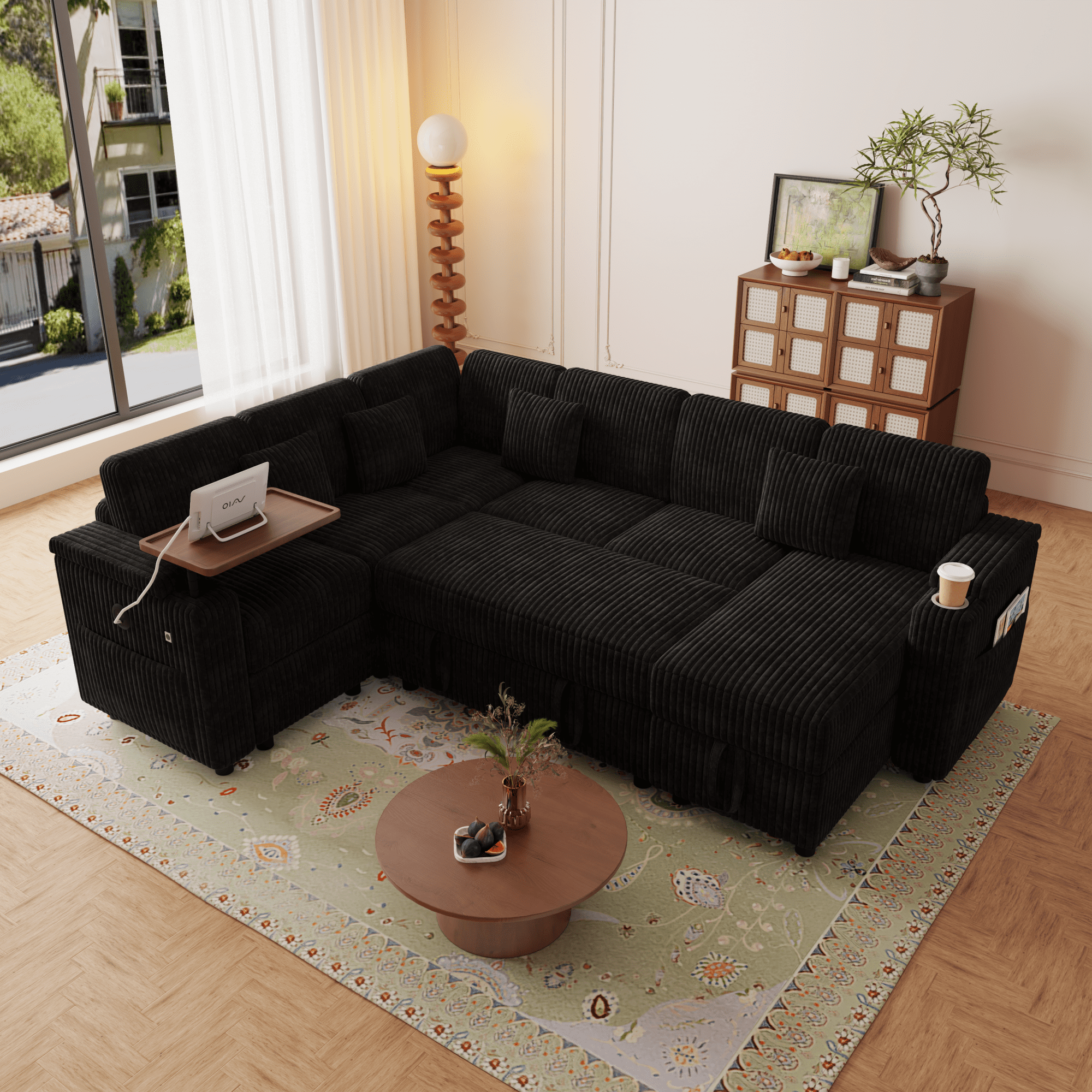 100" U-Shaped Sectional Sofa with Pull Out Bed, Storage Chaise and USB Port, Convertible Sleeper Sofa Bed Modular Sofa Couch with Laptop Table & Cup Holder for Living Room