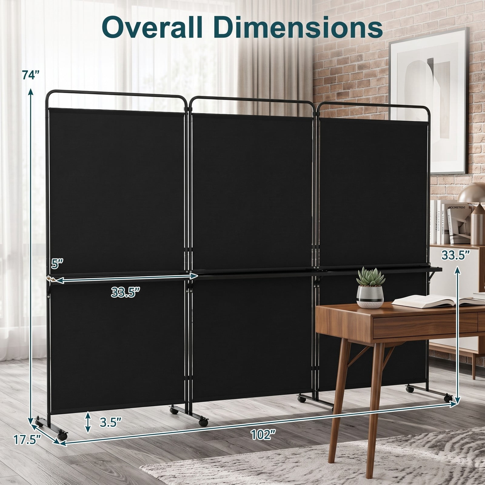 ALPULON 3-Panel Room Divider with 3 Shelves, 6 FT Tall Folding Privacy Screen Freestanding Partition with Lockable Wheels for Living Room Bedroom Office, Black