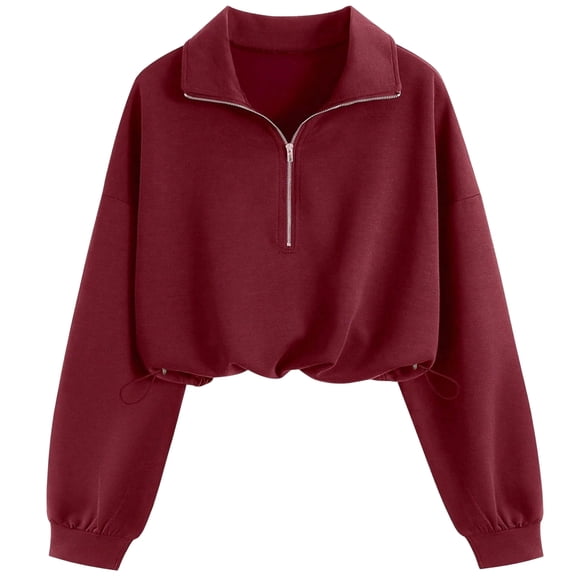 Qgtaibl Women Quarter Zip Cropped Sweatshirts Drawstring Hem Lapel Workout Shirt Lantern Long Sleeve Loose Fit Casual Pullover Tops Wine S