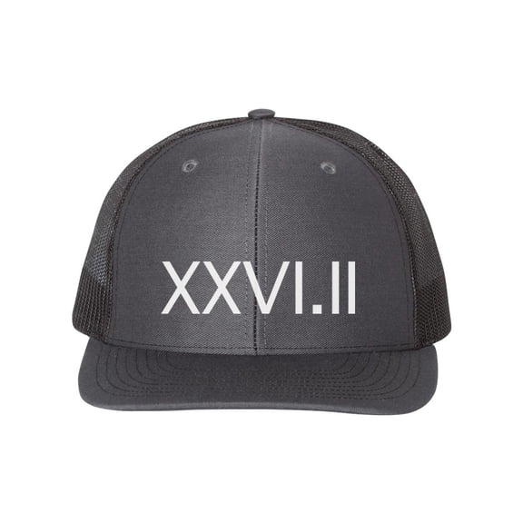 Marathon Hat, XXVI.II, 26.2 Hat, Trucker Hat, Adjustable Snapback, Running Hat, Gift For Runner, Exercise Cap, Athlete, White Text, Charcoal/Black