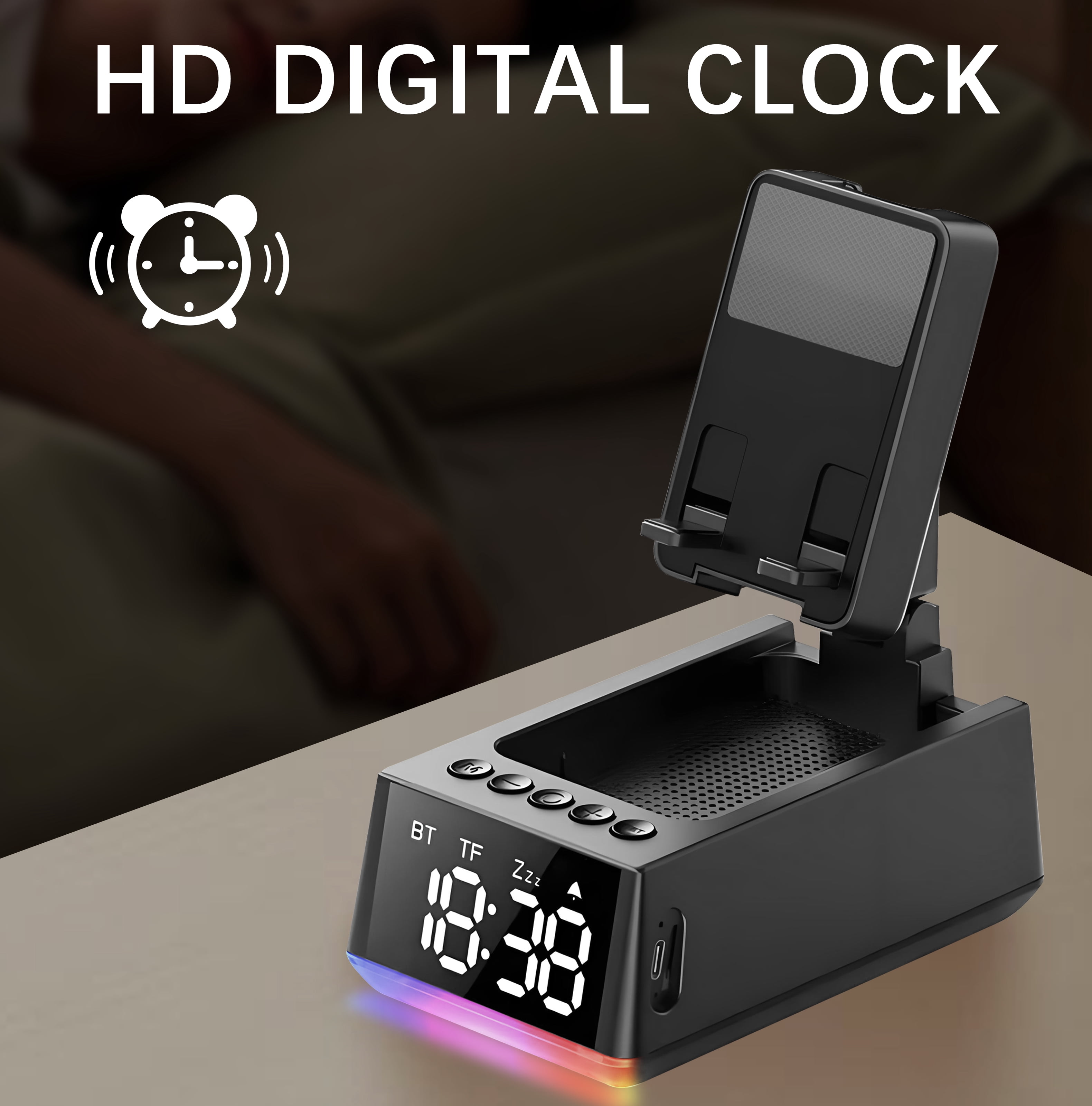 Wireless Induction Speaker Bluetooth Speaker Phone Stand with Auto-Sync Alarm Clock, HD Display & Adjustable Holder, Unique Gifts for Men Women, Dad Mom