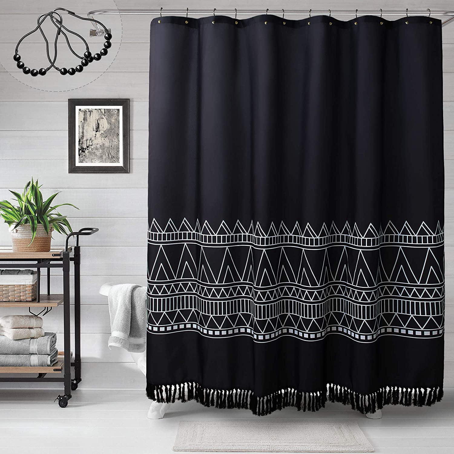 Waterproof Fabric Shower Curtain Set Black Background Abstract White Moustache 