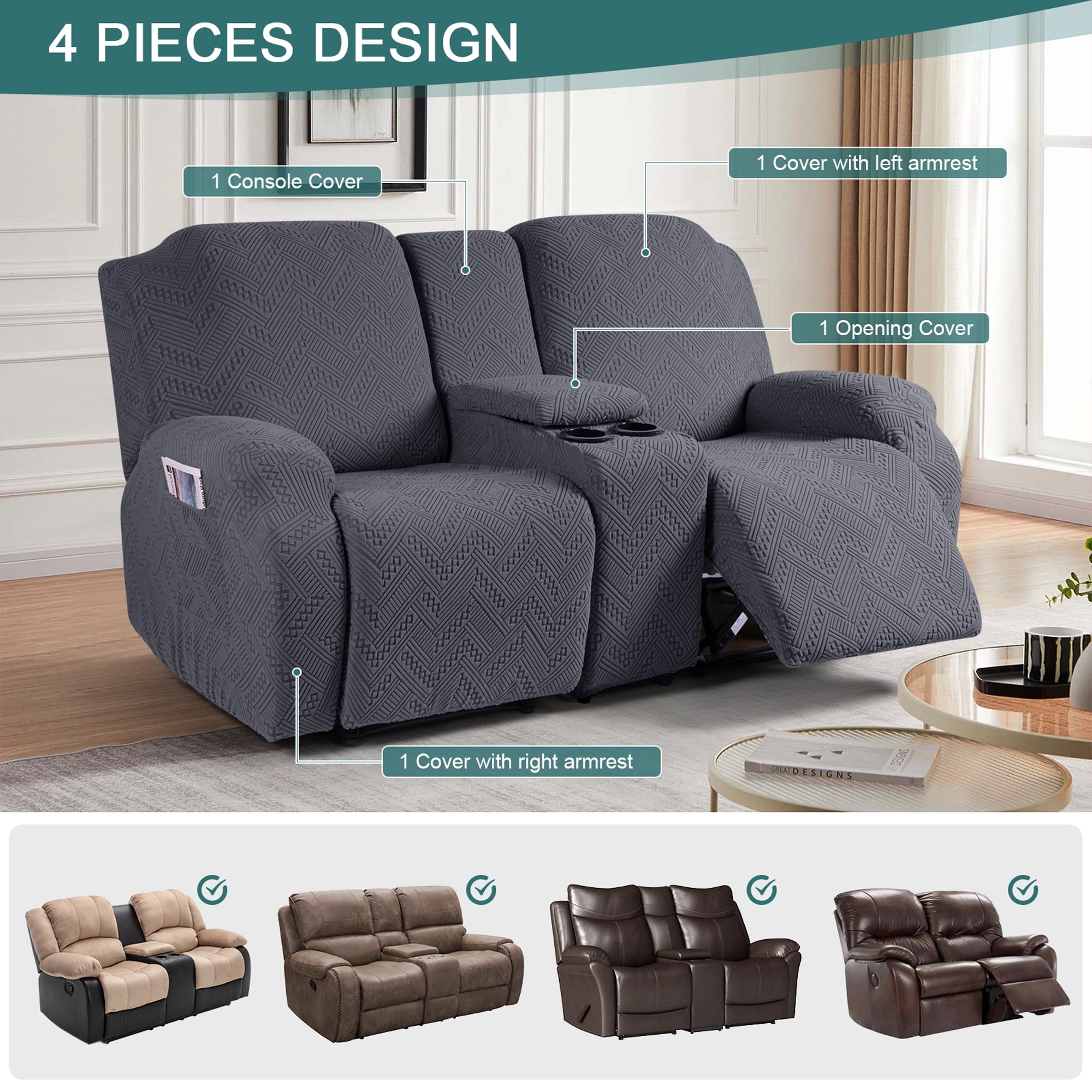 TAOCOCO Durable 4-Pieces Loveseat Recliner Slipcovers with Console, Stretch Jacquard Reclining Couch Covers for 2 Seater Sofa with Pockets- Home Sofa Protector, Black Gray