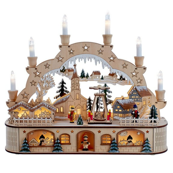 Kurt Adler Wooden LED Light-Up Musical/Motion Santa Christmas Village with Candles