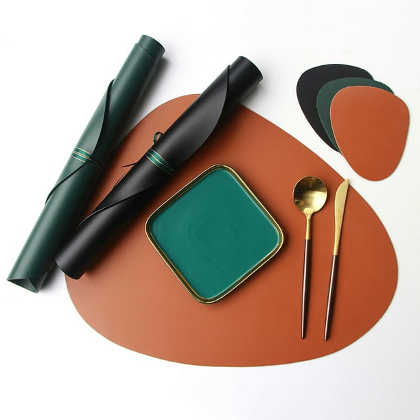 SPRING PARK 2Pcs Faux Leather Placemats and Coasters Set, Washable